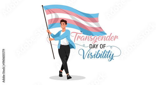 Illustration of a person holding a Transgender Day of Visibility flag with a bold and colorful design on a white background.
