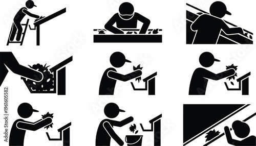 집 지붕 홈통에 쌓인 낙엽과 이물질을 제거하는 다양한 청소 방법과 과정.