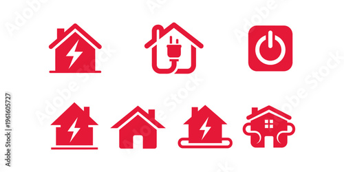 Minimal smart home energy icon set with electricity symbols, plug elements, and power control concepts in bold red flat vector design.