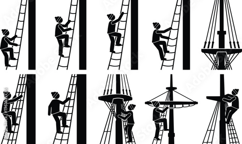 선박 돛대와 밧줄을 오르는 사람들의 다양한 실루엣 이미지.