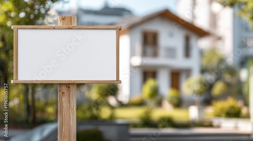 High quality photo of blank white real estate sign on a wooden post in front of a blurry suburban house, for sale or rent property mockup.