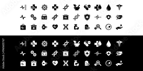 Medical and laboratory icon pack with health care symbols such as heartbeat, test tubes, and pharmacy elements in simple vector style.