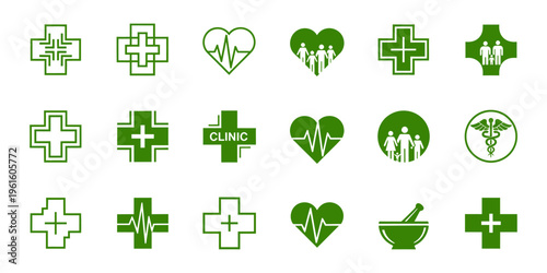 Green healthcare logo collection featuring medical cross, heartbeat, and family care symbols in clean flat vector design.