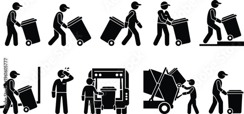 쓰레기통을 옮기고 수거차에 비우는 과정을 묘사한 픽토그램 세트.