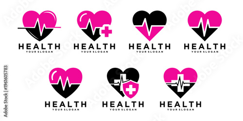 Modern health care logo set with heart shape and heartbeat line in pink and black colors