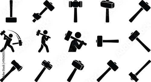 다양한 망치와 망치를 사용하는 사람들의 실루엣 아이콘 세트.