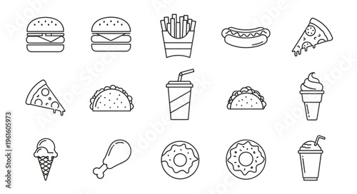 Fast Food Icons - Burger, Fries, Pizza, and More in Line Art.