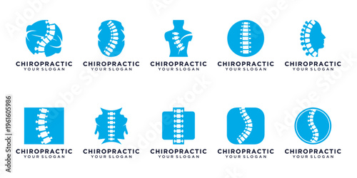 Chiropractic logo collection with spine and backbone symbols in modern blue design