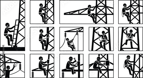 높은 구조물에서 작업하는 사람들의 다양한 안전 작업 자세를 묘사한 흑백 픽토그램 모음.