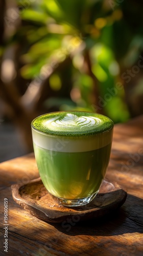close-up matcha latte in glass, warm sunlight glow, smooth foam texture, tranquil natural tone, refreshing tea moment