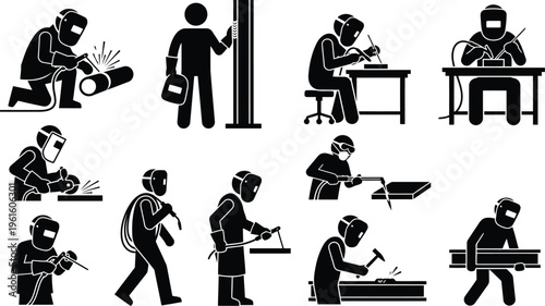 Schweißer und Metallarbeiter bei verschiedenen Tätigkeiten, einschließlich Schweißen, Schleifen und Tragen von Metallteilen.