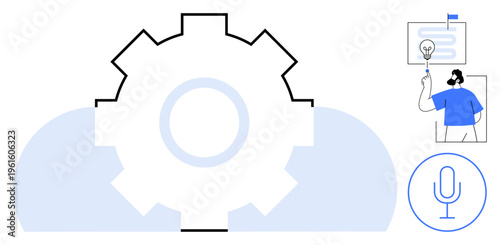 Cloud computing, teamwork, innovation, technology, brainstorming, automation, voice recognition. Large gear and cloud person with idea microphone symbol. Cloud computing and teamwork concepts