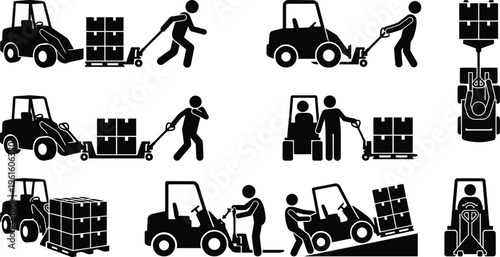 지게차와 팔레트 트럭을 사용하여 상자와 팔레트를 운반하는 다양한 작업 시나리오.