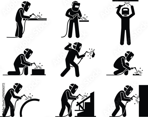 Industrial welder stick figure icons, professional welding worker set in various poses, metal fabrication and construction vector silhouettes
