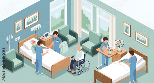 Isometric Hospital Room Scene with Patients and Medical Staff.