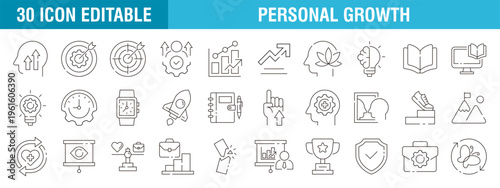 Collection of personal growth icons. Success, career, process, profit, business. Vector template editable stroke EPS 10.