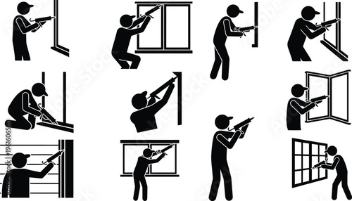 Piktogramme von Handwerkern, die Fensterrahmen, Fugen und Fassadenverkleidungen mit einer Dichtstoffpistole abdichten.