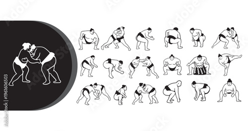 A black and white illustration of various sumo wrestling poses and techniques.
