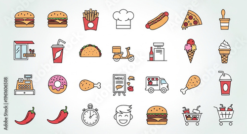 Assorted Fast Food Icons - Burgers, Pizza, Hot Dogs, and More.