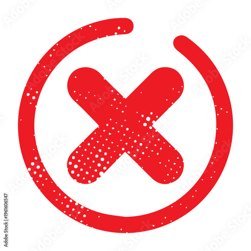 Red X inside an incomplete circular outline, styled with grunge texture. Unique design for creative stop, cancel, or warning indicators.