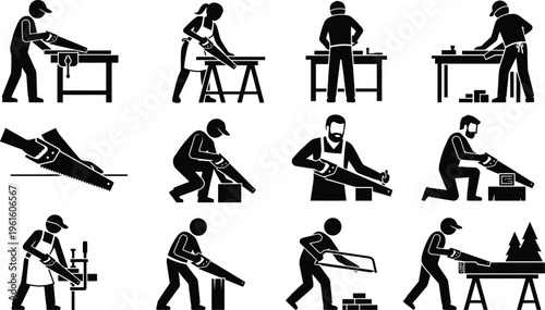 Verschiedene Piktogramme von Menschen, die Holz mit Handsägen bearbeiten und schneiden.