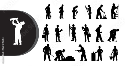 A collection of construction workers in various poses and actions on a white background