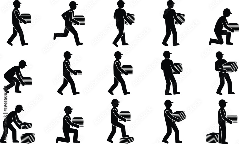 Fototapeta premium Delivery man silhouette icons, courier worker carrying boxes in various poses, 15 logistics and shipping vector elements for warehouse safety
