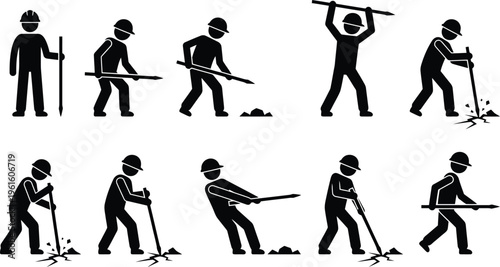 Anleitung zur korrekten Verwendung einer Spitzhacke oder eines Grabwerkzeugs in verschiedenen Phasen.