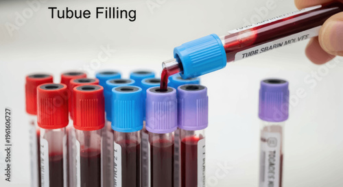 Medical Laboratory Blood Sample Collection, Filling Test Tubes with Red Liquid