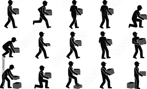 Delivery man silhouette icons, courier worker carrying boxes in various poses, 15 logistics and shipping vector elements for warehouse safety