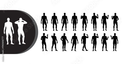 A collection of black and white human silhouettes in various poses on a plain background