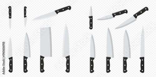 Set of various kitchen knives with black handles, including chef's knife, paring knife, and cleaver, isolated on a transparent background.