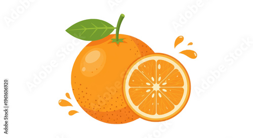Fresh Orange Fruit with Slice and Splashes - Healthy Food Illustration
