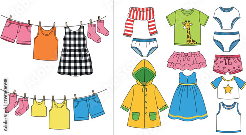 Kids Summer Clothing Outfit Set with Floral Dress and Shorts Apparel Collection for Children Fashion Design Baby Wear Wardrobe Illustration Vector Graphic Pack