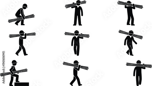 Piktogramme von Arbeitern, die lange Materialien wie Holz oder Rohre tragen, demonstrieren verschiedene Hebe- und Tragemethoden.