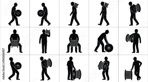 Detaillierte Darstellung von Silhouetten, die verschiedene Haltungen und Methoden beim Heben und Tragen schwerer Spulen oder Rollen zeigen.
