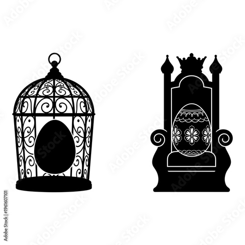 Easter egg, decorative egg, ornate cage, throne icon set, black vector illustrations