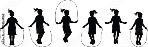 A group of girls jumping rope in different poses Vector
