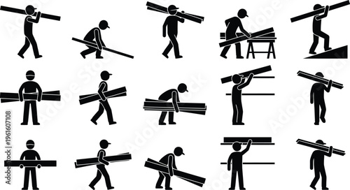Illustrations vectorielles d'ouvriers transportant et manipulant des matériaux longs comme des planches de bois ou des tuyaux, dans diverses positions de travail manuel.