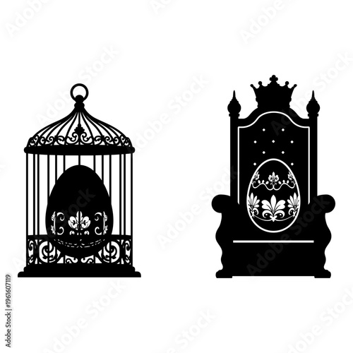 Black, ornate birdcage and throne vector icons, royal luxury symbols, decorative cage and chair illustrations
