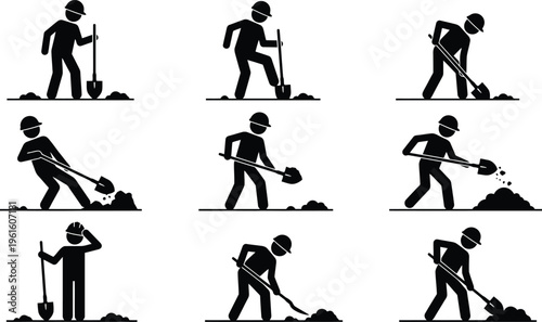 Séquence de pictogrammes montrant un ouvrier avec une pelle en train de creuser le sol, illustrant les différentes étapes du travail manuel.