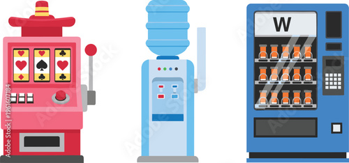 Slot machine, water dispenser and snack vending machine set isolated on white background, modern self service devices vector illustration for retail and public spaces