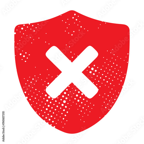 Solid shield with white X on red background. Represents blocked access or denied protection.