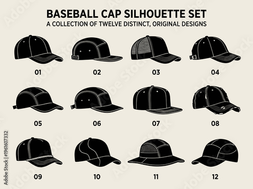 Twelve Distinct Baseball Cap Silhouette Designs Set