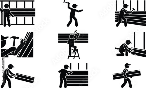 Illustrations de pictogrammes montrant des ouvriers construisant ou réparant des structures avec des marteaux et des planches.