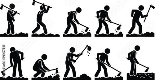 Farmer working with hoe stick figure icon set. Depicts a man digging, tilling, and cultivating soil in various poses. Flat vector illustration for agriculture and gardening concepts.