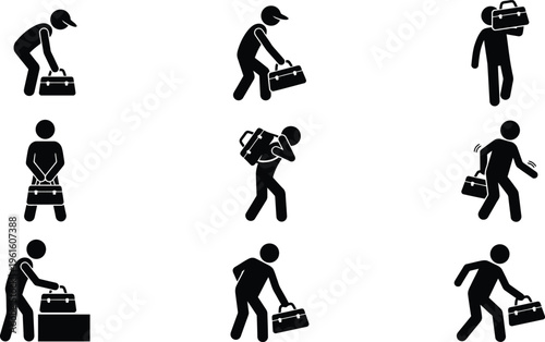 Illustrations de pictogrammes montrant différentes manières de porter et manipuler une mallette ou un sac.