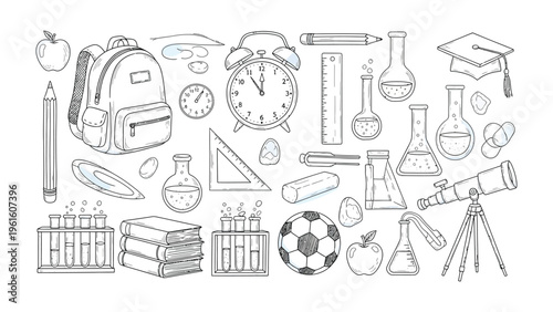 Back to School Essentials: A collection of meticulously hand-drawn illustrations showcasing essential school supplies and learning tools, perfect for educational projects and themes.