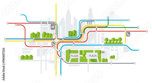 City Transit Map Illustration with Colorful Metro Lines and Urban Infrastructure Icons