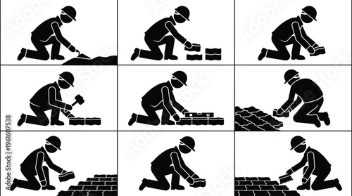 Processus détaillé de pose de pavés ou de briques par un ouvrier en 9 étapes.